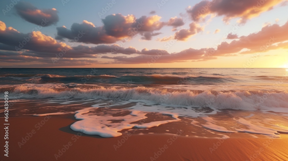 A serene beach at sunset with waves gently rolling in, reflecting the warm hues of the setting sun.
