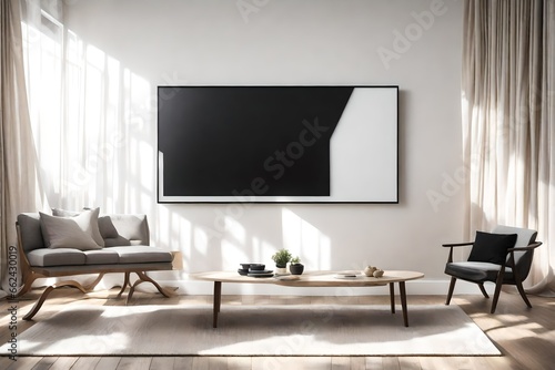 A Canvas Frame for a mockup, leaning casually against a white-bricked wall in a modern TV room, with a sleek black television as the central focus below. Sunlight seeps in gently through sheer curtain