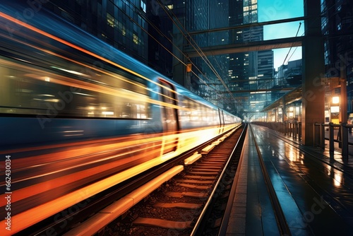 Train Glides Through Cityscape At Night, Leaving Luminous Streaks In Its Wake As It Arrives At Bustling Railway Station