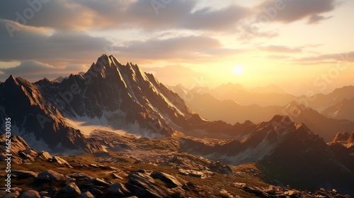 A rugged mountain range with jagged peaks, as the setting sun casts long, dramatic shadows over the rocky terrain, creating a breathtaking natural vista.