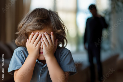 Frightened little girl hiding their face with her hands, as an ominous adult male stands in the unfocused background, symbolizing home violence issues. Generative AI