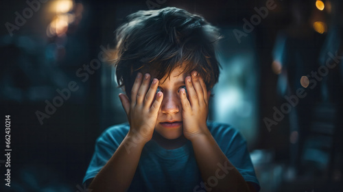 Closeup of a scared young boy in a dimly lit room covering his face in fear, unfocused dark background setting the mood. Generative AI