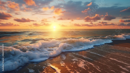 A serene beach at sunset with waves gently rolling in, reflecting the warm hues of the setting sun.