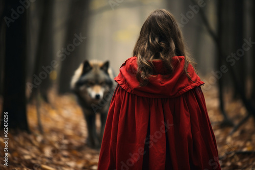 Back view of young woman in red cloak with blurry wolk in forest background. Red riding hood fairytale photo