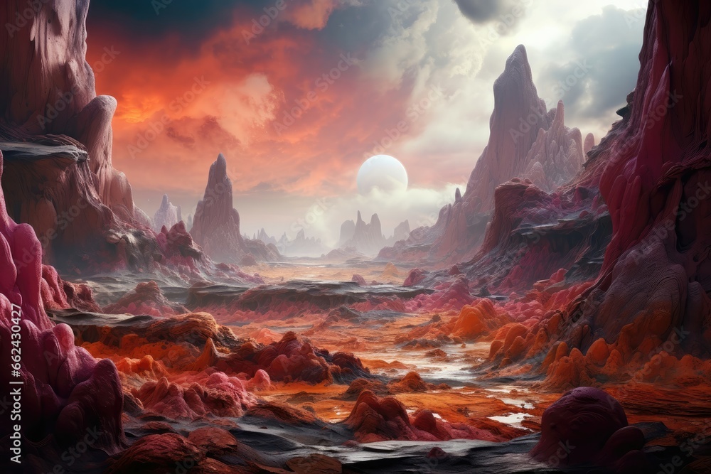 Alien landscapes reveal jagged, colorful formations dotting barren horizons.