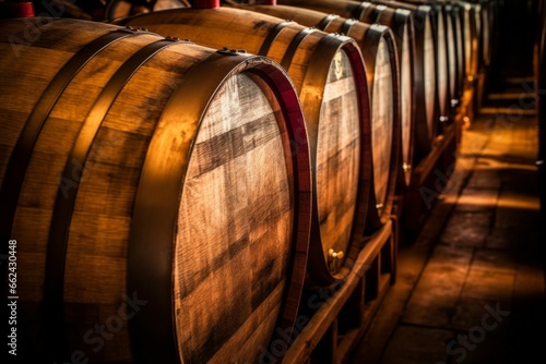 Row of Wine Barrels in an Indoor Cellar. Background with selective focus and copy space © top images