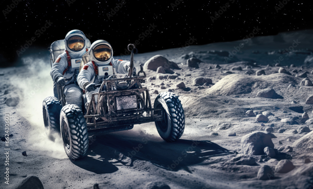Two astronauts riding a space rover across the moon's landscape. Space exploration and science fiction concept. Generative AI