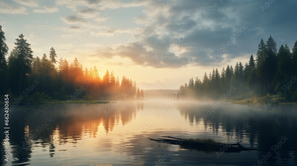 A serene, misty lake surrounded by tall pine trees, with the last light of the setting sun piercing through the fog, creating an ethereal and magical atmosphere.