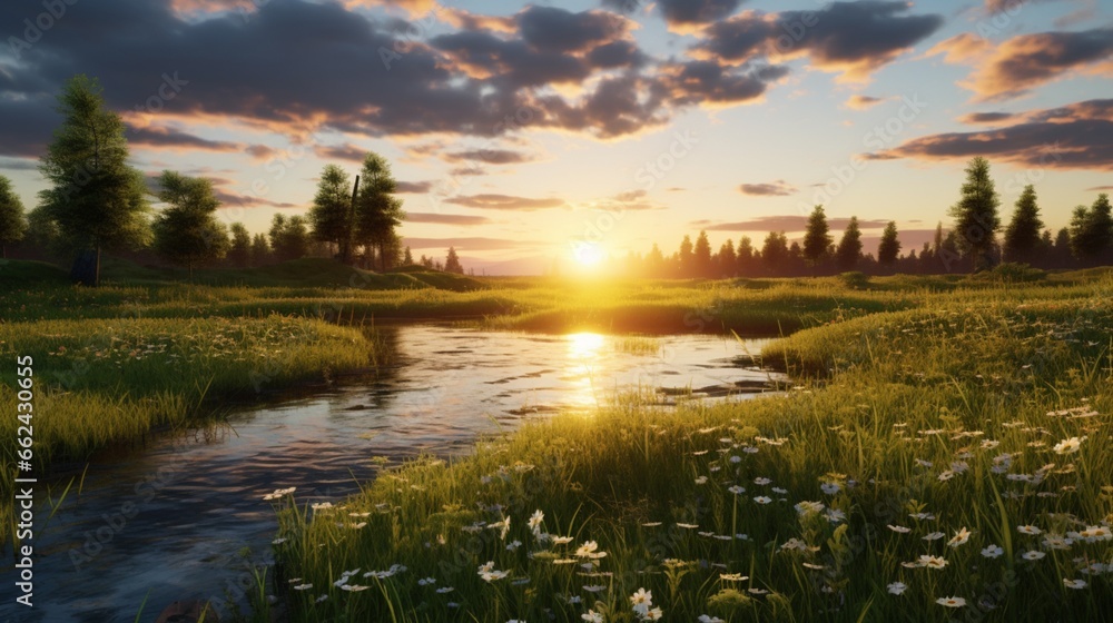 A serene meadow at sunset, with a river gently meandering through, surrounded by lush greenery and a colorful evening sky.