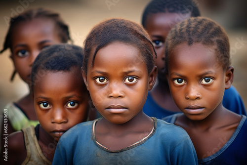Poor African children group potrait. Looking into camera. Generative AI © marcin jucha