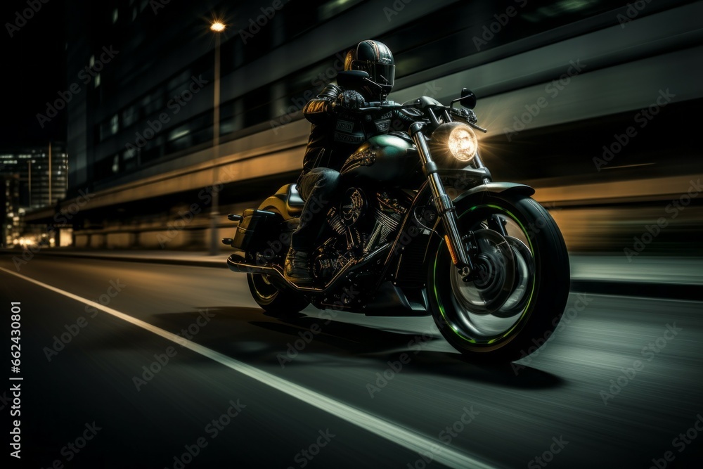 A motorcyclist races at speed on a motorcycle. Background with selective focus and copy space