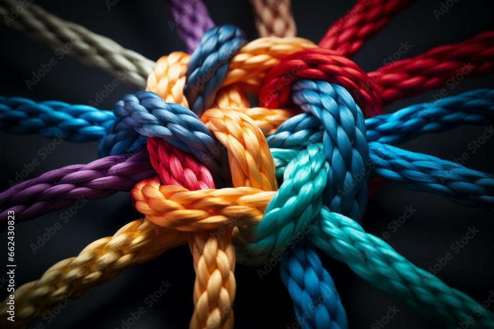 Different ropes are woven into a knot. Teamwork concept. Background with selective focus and copy space