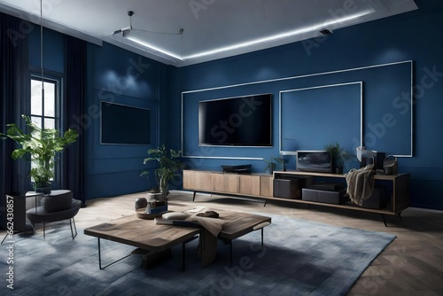 A modern TV room with dark blue walls and a Canvas Frame for a mockup positioned perfectly between two wall-mounted ambient lights.