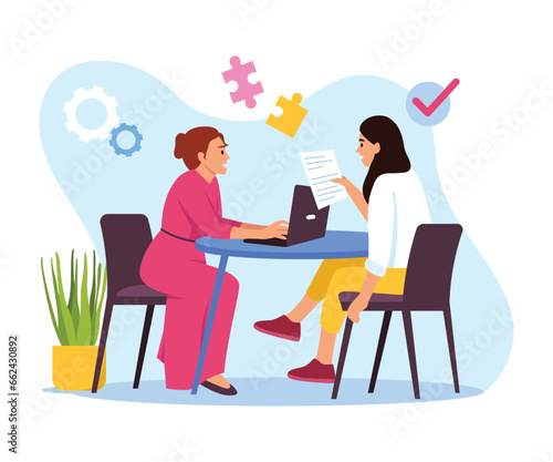 Vector illustration of cooperation. Cartoon scene of teamwork in the office with a girl working on a laptop and a girl reading text on paper on white background. Business concept of partnership.