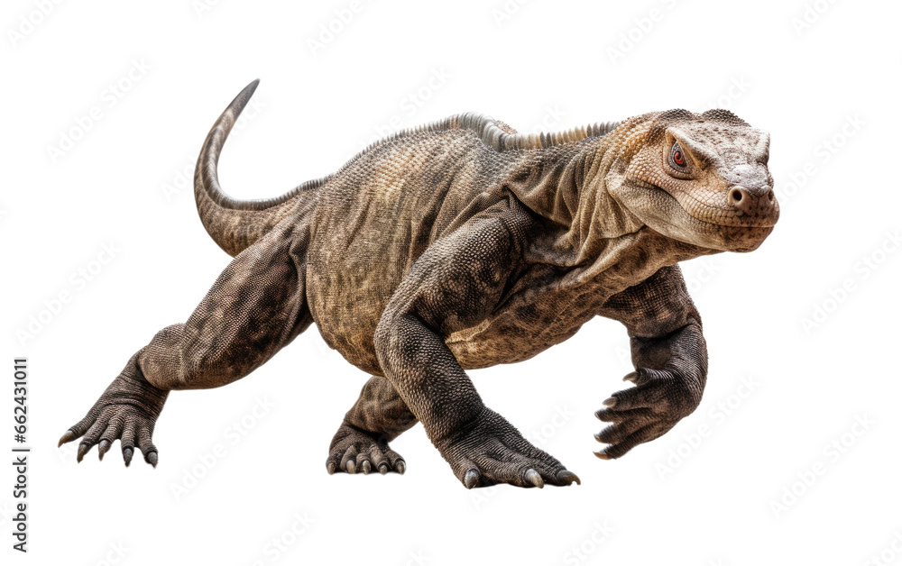 Komodo Dragon Running From Hunter on a Clear Surface or PNG Transparent Background.