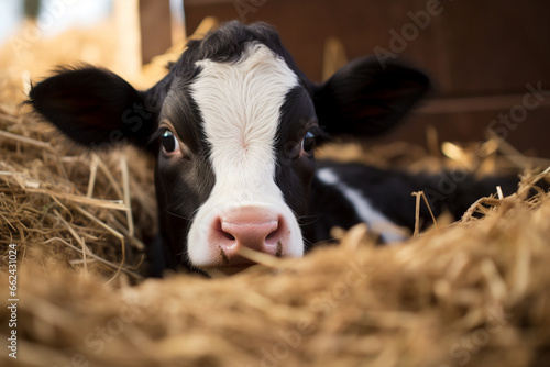 Baby cow laying down on straw in barn. Cute baby animal. Generative AI