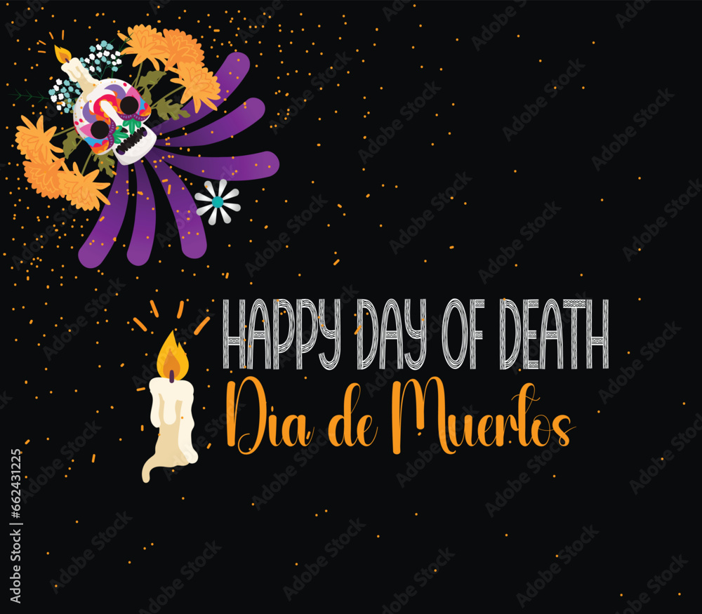 Fototapeta premium Day of the dead, Dia de los muertos, banner with colorful Mexican flowers. Fiesta, holiday poster, party flyer, funny greeting card