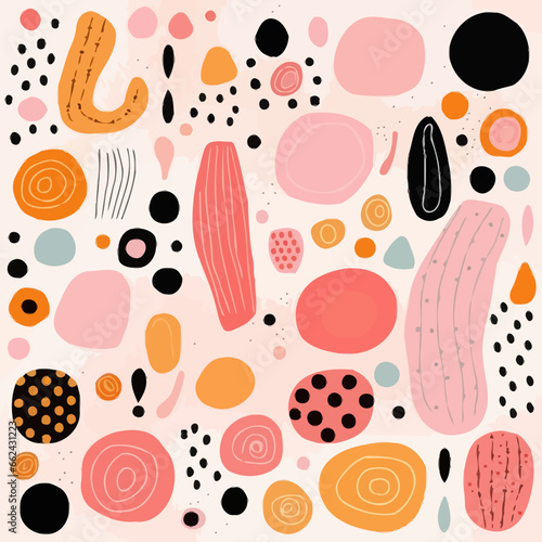 Blush pink quirky doodle pattern, background, cartoon, vector, whimsical Illustration