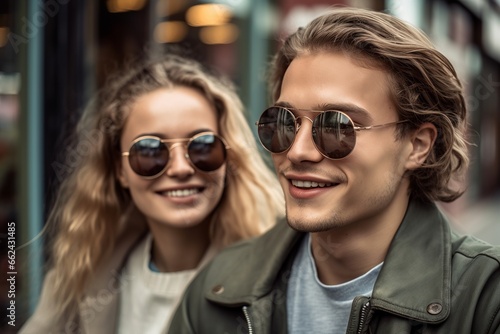 Happy couple in sunglasses standing on street