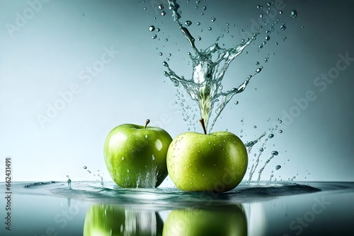 Fresh green apple and splash of water on isolated white background