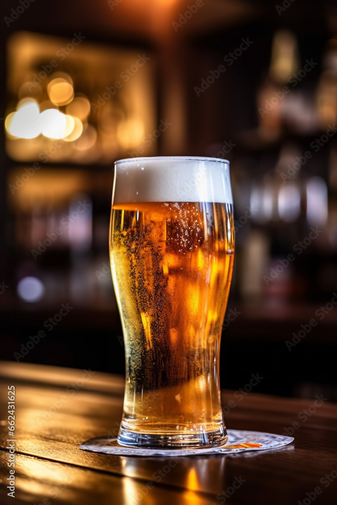 glass or mug of beer on a wooden bar table in a pub or restaurant. Generative AI glass or mug of beer on a wooden bar table in a pub or restaurant. Generative AI