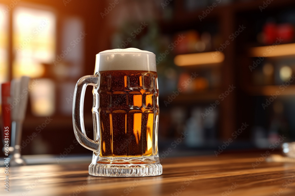 glass or mug of beer on a wooden bar table in a pub or restaurant. Generative AI glass or mug of beer on a wooden bar table in a pub or restaurant. Generative AI