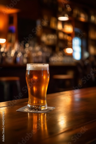 glass or mug of beer on a wooden bar table in a pub or restaurant. Generative AI