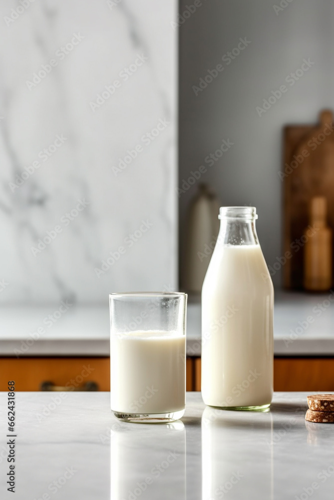 Non dairy vegan plant based milk in bottle and ingredients. Generative AI Non dairy vegan plant based milk in bottle and ingredients. Generative AI