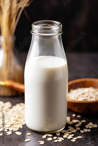 Non dairy vegan plant based milk in bottle and ingredients. Generative AI