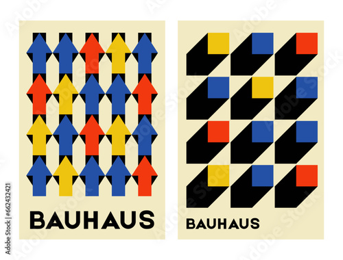 Set of minimal abstract shape composition design posters, wall art, template, layout with primitive elements. Bauhaus retro pattern background with arrow, triangle, square. Vector illustration.