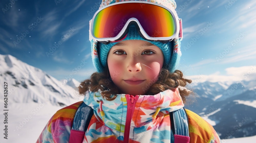 portrait photo of a girl in a ski mask against the background of snowy mountains portrait photo of a girl in a ski mask against the background of snowy mountains