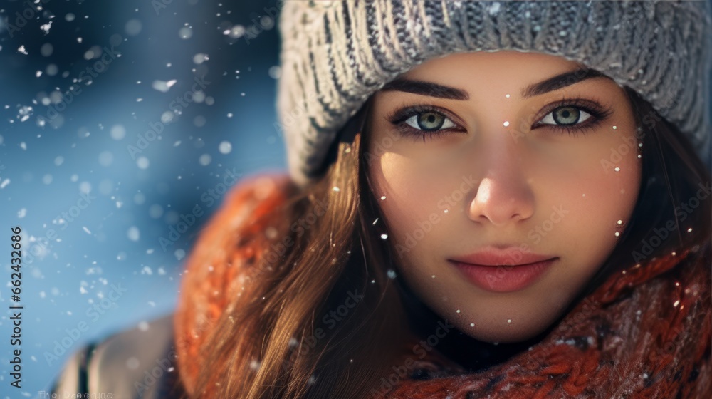 beautiful girl with blue eyes in winter clothes during snowfall, portrait photo in close-up beautiful girl with blue eyes in winter clothes during snowfall, portrait photo in close-up