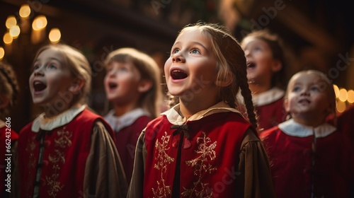Group Of School Children Singing In Choir Together or perform a musical. Cute kids singing in a music class or dancing on stage photo