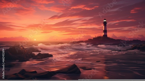 A serene coastal landscape at sunset  with waves gently crashing against the shore and the sky painted in warm hues of orange and pink. The silhouette of a lighthouse stands tall in the distance.