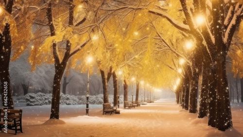 Golden lit snowy park pathway lined with illuminated trees and benches, with tranquil and magical winter atmosphere