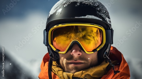 Close-up portrait photo of a man wearing a ski mask and helmet 