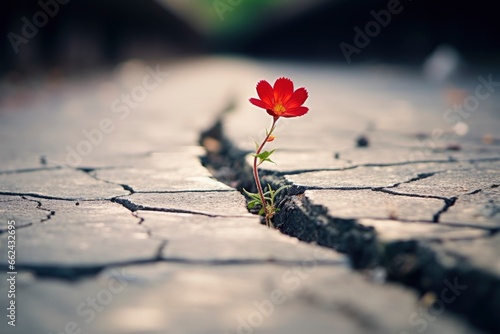 A resilient red flower emerging from a crack in the war-torn ground created with Generative AI technology