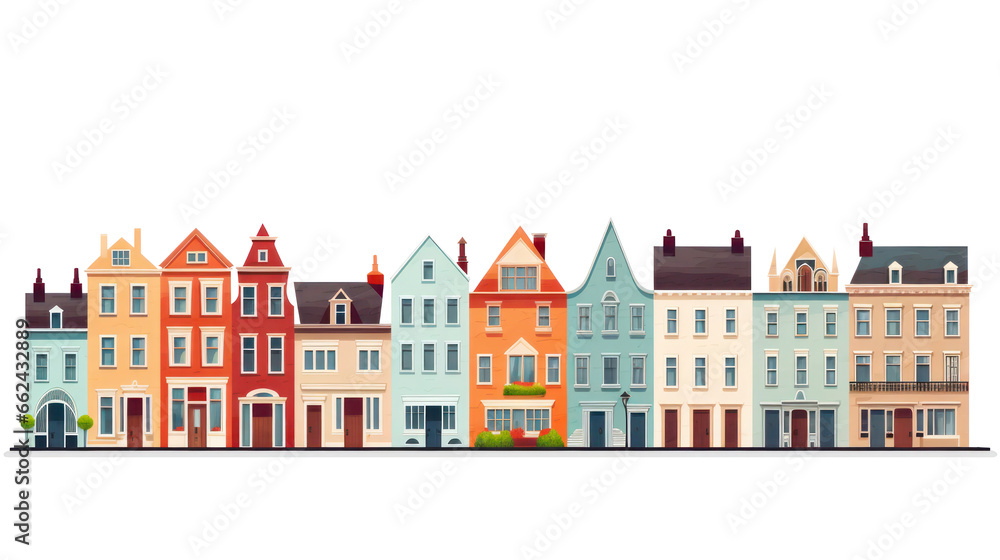 City street house facades and lady in bright beautiful color isolated on white background flat illustration