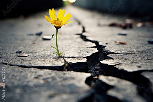 A solitary yellow flower blooming amidst the destruction of war created with Generative AI technology © Karlaage
