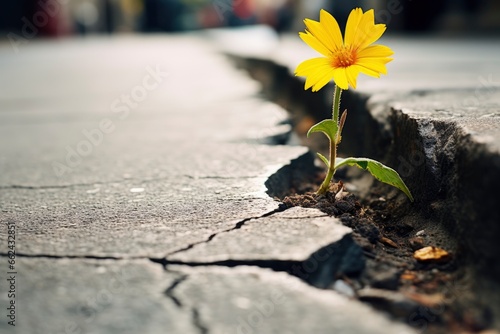 A resilient yellow flower pushing through the cracks in a war-torn road created with Generative AI technology