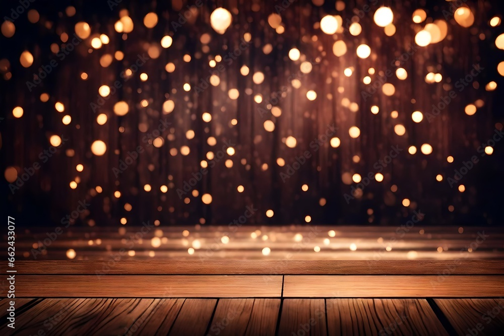 Theater background with bokeh lights on stage and a wooden floor.