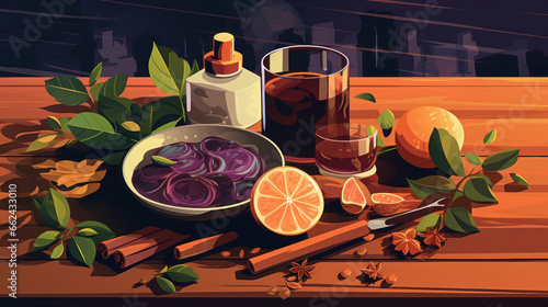 Spices spices fruits Ingredients for making mulled wine grog  flat illustration