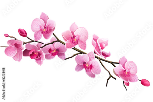 Twig with orchid flowers in delicate pink color isolated on white background flat illustration