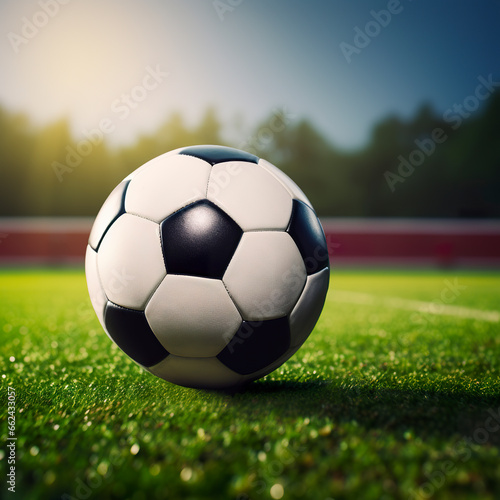 A soccer ball waits alone on the vast green field. Realistic soccer ball ready to bring the sporting spectacle to life in a stadium setting.