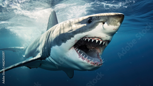 Great white shark in the water with its mouth open with teeth