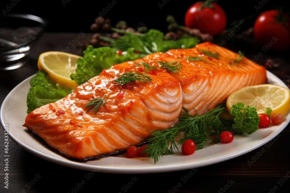 Appetizing Atlantic salmon steak beautifully served on a dark background Appetizing Atlantic salmon steak beautifully served on a dark background
