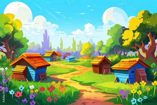 Apiary with beautiful bright multi-colored houses for bees, beehives, bowl, close-up