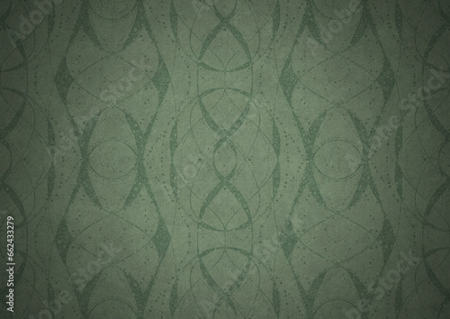 Hand-drawn unique abstract symmetrical seamless ornament. Dark semi transparent green on a light warm green with vignette of a darker background color. Paper texture. A4. (pattern: p10-4b)
