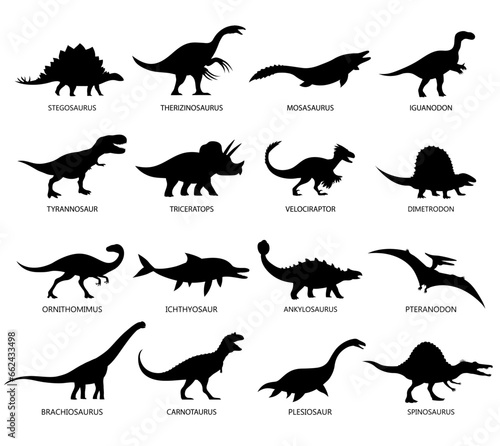Set of black silhouette dinosaur. Brachiosaurus, t rex, stegosaurus and pteranodon. Extinct lizard of the Jurassic period. Prehistoric dino. Vector illustration