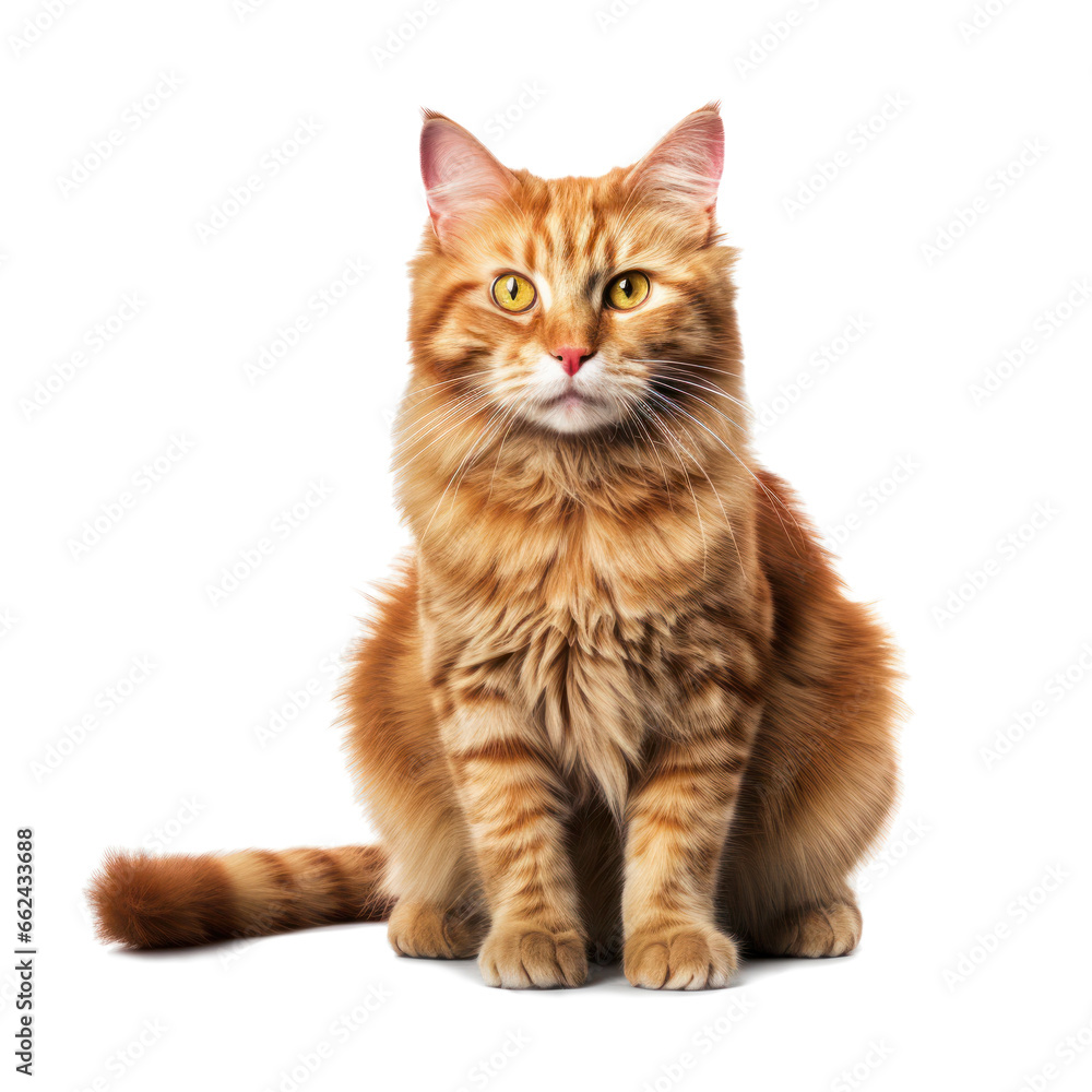 Red fluffy cat sitting isolated on a white background
